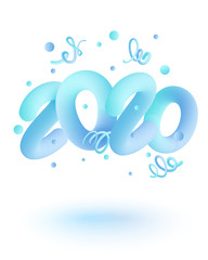 New year poster with volume blue levitating numbers and confetti. Vector illustration