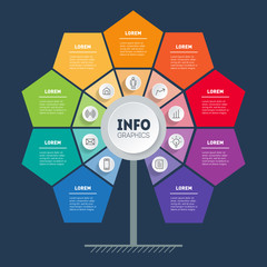 Business presentation or info graphics concept with 9 options. Template of sales funnel, chart or diagram with nine process. Vector infographic of technology or education with 9 steps.
