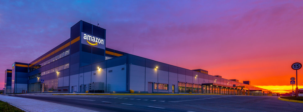 Szczecin, Poland-November 2018: Amazon Logistics Center in Szczecin, Poland in the light of the rising sun,panorama