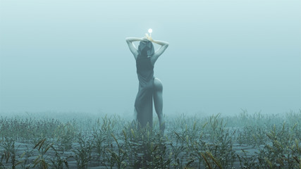 Witch Demon Woman with White Eyes and Glowing Orb in Futuristic Haute Couture Dress Abstract Demon Foggy Watery Void with Reeds and Grass background Back View 3d Illustration 3d render