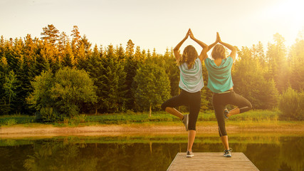 Zwei junge hübsche Frauen praktizieren Yoga auf Holzsteg am See im Herbst im Schwarzwald - obrazy, fototapety, plakaty