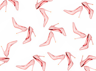 Pale pink female shoes pattern on pink coral background. Flat lay, top view trendy fashion feminine background. Beauty blog concept.