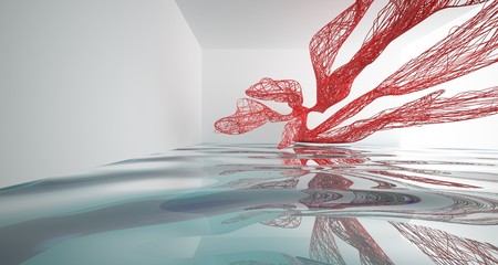 Obraz na płótnie Canvas White and smooth red lines abstract architectural background with water. 3D illustration and rendering