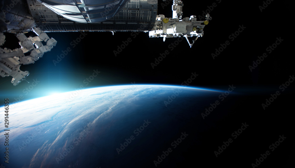 Wall mural view of planet earth from a space station window during a sunrise 3d rendering elements of this imag