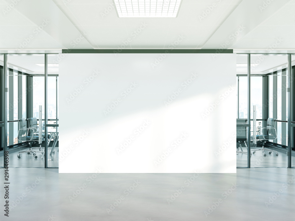Poster blank white wall in concrete office with large windows mockup 3d rendering