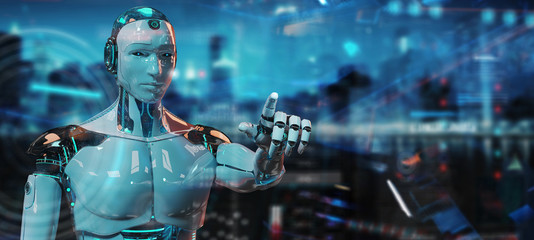 Fototapeta na wymiar White humanoid robot using digital technological interface with datas 3D rendering