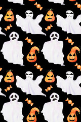 Seamless halloween hand drawn watercolor pattern. Horror ghosts, pumpkins with face and candies on black background