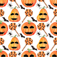 Seamless halloween hand drawn watercolor pattern. Happy pumpkins with face, bats, spiders and candies on white background