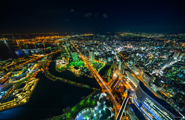 city skyline aerial night view in Yokohama, Japan