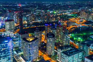 city skyline aerial night view in Yokohama, Japan