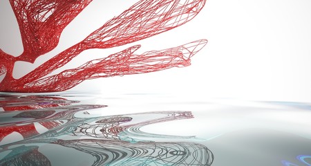 White and smooth red lines abstract architectural background with water. 3D illustration and rendering