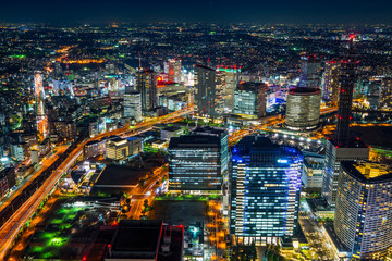 city skyline aerial night view in Yokohama, Japan