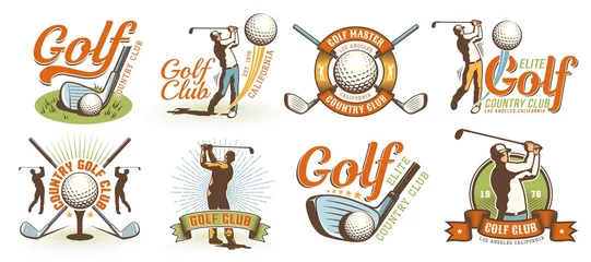 Foto auf Acrylglas Golf retro logo with clubs balls and golfer. Vintage country golf club emblem set. Vector illustration. © Agor2012