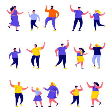 Set Of Flat People Dancing Parents With Kids Characters. Bundle Cartoon People Happy Children Dad And Mom Dance Family Isolated On White Background. Vector Illustration In Flat Modern Style.