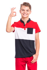 Portrait of teen boy making Ok gesture, isolated on white background. Handsome caucasian young teenager smiling and giving OK sign. Happy cute child showing okay.