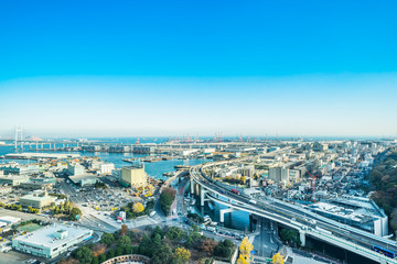 Naklejka na ściany i meble city skyline aerial day view in Yokohama, Japan