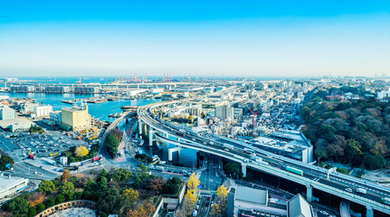 city skyline aerial day view in Yokohama, Japan