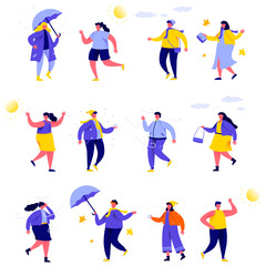 Fototapeta na wymiar Set of flat people various weather characters. Bundle cartoon people walking in the rain, in snow, in a big wind isolated on white background. Vector illustration in flat modern style.