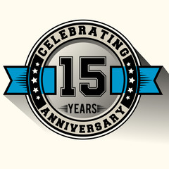 Celebrating 15 years anniversary logo vintage emblem with blue ribbon. Retro vector background.