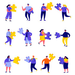 Fototapeta premium Set of flat people connecting puzzle elements characters. Bundle cartoon people business team metaphor isolated on white background. Vector illustration in flat modern style.