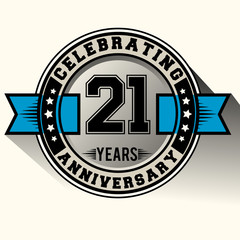 Celebrating 21 years anniversary logo vintage emblem with blue ribbon. Retro vector background.