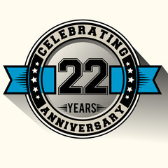 Celebrating 22 years anniversary logo vintage emblem with blue ribbon. Retro vector background.