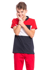 Portrait of teen boy touching his face suffering toothache looking tired and sad. Dental problem. Unhappy beautiful caucasian young teenager suffering from tooth pain, isolated on white background.