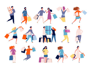 Fototapeta na wymiar Shopping characters. People in market boutique store buyers discount crazy shopping vector persons. Illustration customer shopping, shopper with purchase and package