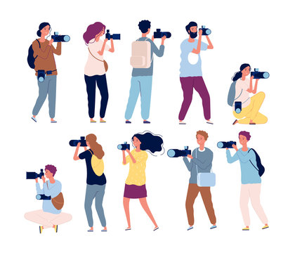 Photographer characters. Professional videography and photographers standing with cameras vector collection. Illustration camera and photographer character do photography