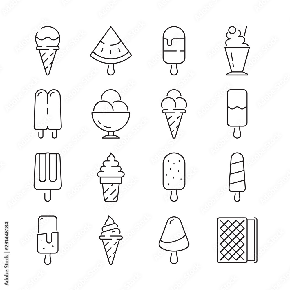 Sticker Ice cream icon. Shake fruit yogurt toppings milk delicious food ice cream from chocolate vanilla smoothie vector line symbols. Illustration ice cream chocolate and fruit dessert