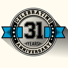 Celebrating 31 years anniversary logo vintage emblem with blue ribbon. Retro vector background.