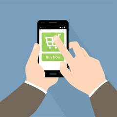 Online shopping with hand holing smart phone with buy button on the screen.