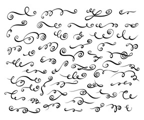 Hand drawn decorative elements set. Collection of 50 flourishes, swashes, for page design.