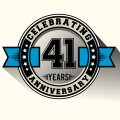 Celebrating 41 years anniversary logo vintage emblem with blue ribbon. Retro vector background.