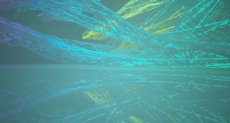 Abstract architectural smooth white interior of a minimalist wires with color gradient neon lighting. 3D illustration and rendering.