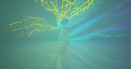 Abstract architectural smooth white interior of a minimalist wires with color gradient neon lighting. 3D illustration and rendering.