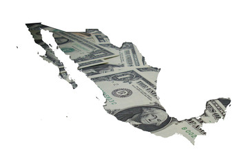 Map of Mexico made with dollars on white background