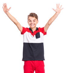 Smiling teen boy raised up arms at you. Friendly and sincere cute teenager show warm welcome pulling hands, isolated on white background. Happy child with outstretched hands to embrace someone.
