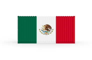 3D Illustration of Cargo Container with Mexico Flag on white background. Delivery, transportation, shipping freight transportation.