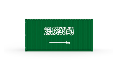 3D Illustration of Cargo Container with Saudi Arabia Flag on white background. Delivery, transportation, shipping freight transportation.