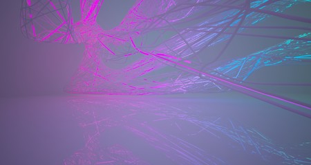 Abstract architectural smooth white interior of a minimalist wires with color gradient neon lighting. 3D illustration and rendering.