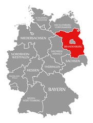 Brandenburg red highlighted in map of Germany