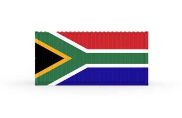 3D Illustration of Cargo Container with South Africa Flag on white background with shadows. Delivery, transportation, shipping freight transportation