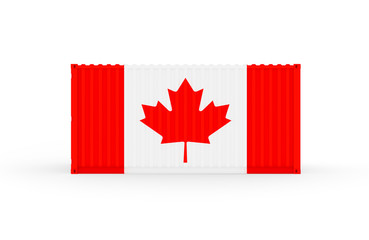 3D Illustration of Cargo Container with Canada Flag on white background. Delivery, transportation, shipping freight transportation.
