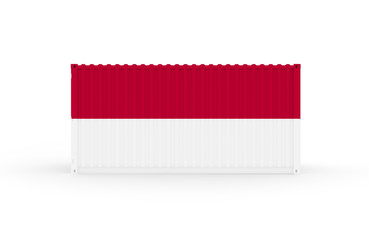 3D Illustration of Cargo Container with Indonesia Flag on white background with shadows. Delivery, transportation, shipping freight transportation.
