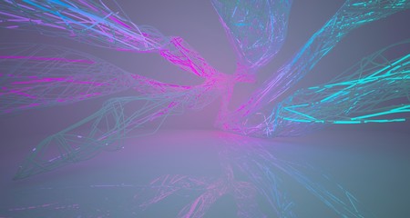 Abstract architectural smooth white interior of a minimalist wires with color gradient neon lighting. 3D illustration and rendering.