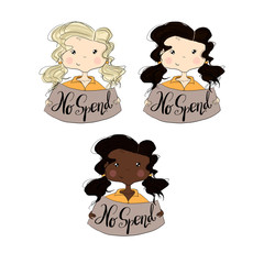 No Spend Set Brunette Blonde African American Girls Isolated On A White Background Hand Drawn Illustration