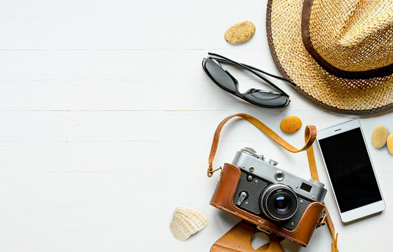 Summer vacation flat lay background