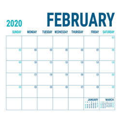 February 2020. Calendar planner. English calender template. Vector square grid. Office business planning. Creative design. Blue color