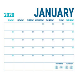January 2020. Calendar planner. English calender template. Vector square grid. Office business planning. Creative design. Blue color